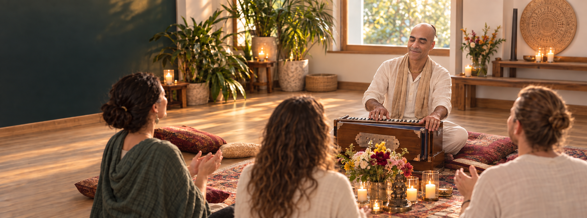 Bhakta J. spielt Harmonium in einem gemeinsam singenden Mantra-Kreis